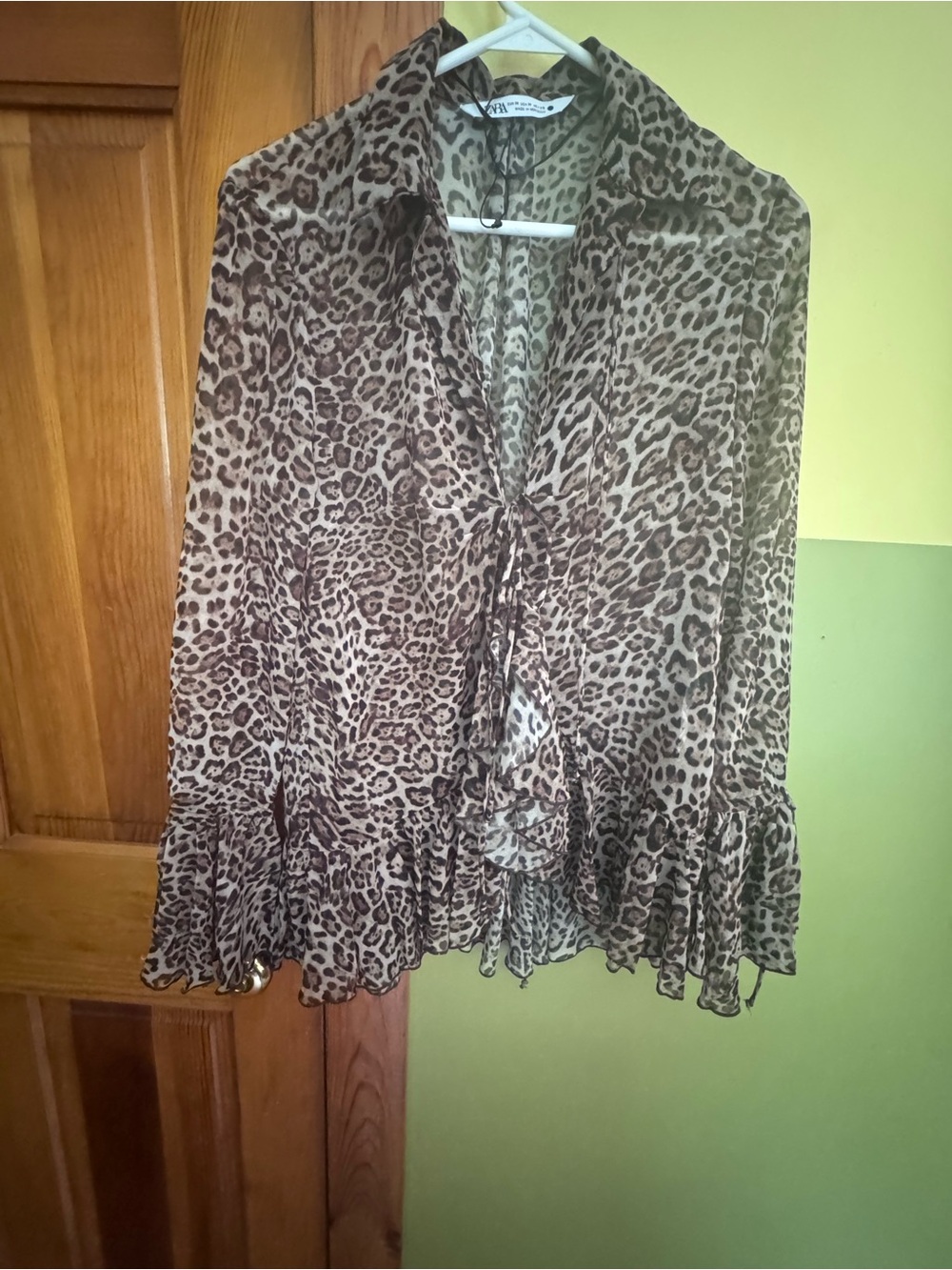 Zara Leopard Print Ruffle Tie-Front Blouse - Brown/Tan